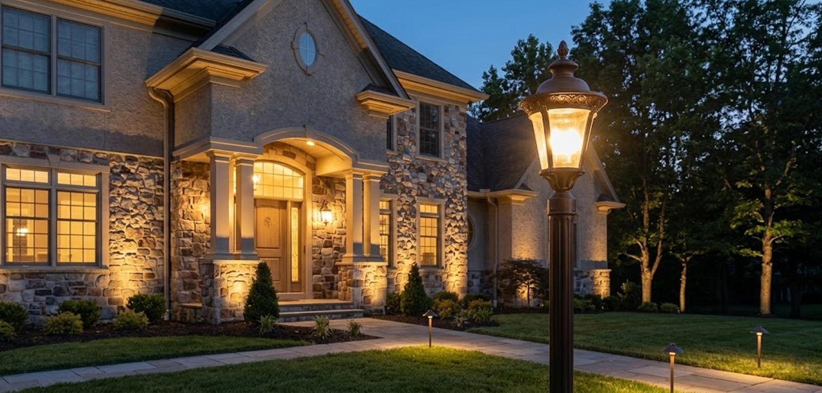 Luxury stone-fronted home at dusk with architectural uplighting and a glowing lantern post